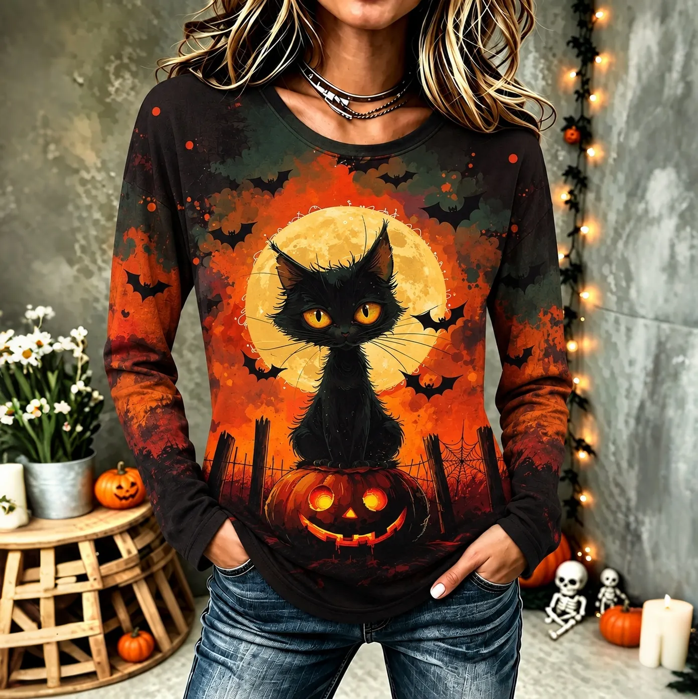 Comstylish Women's Vintage Gothic Halloween Cat Print Comfy Print Long Sleeve Tshirt