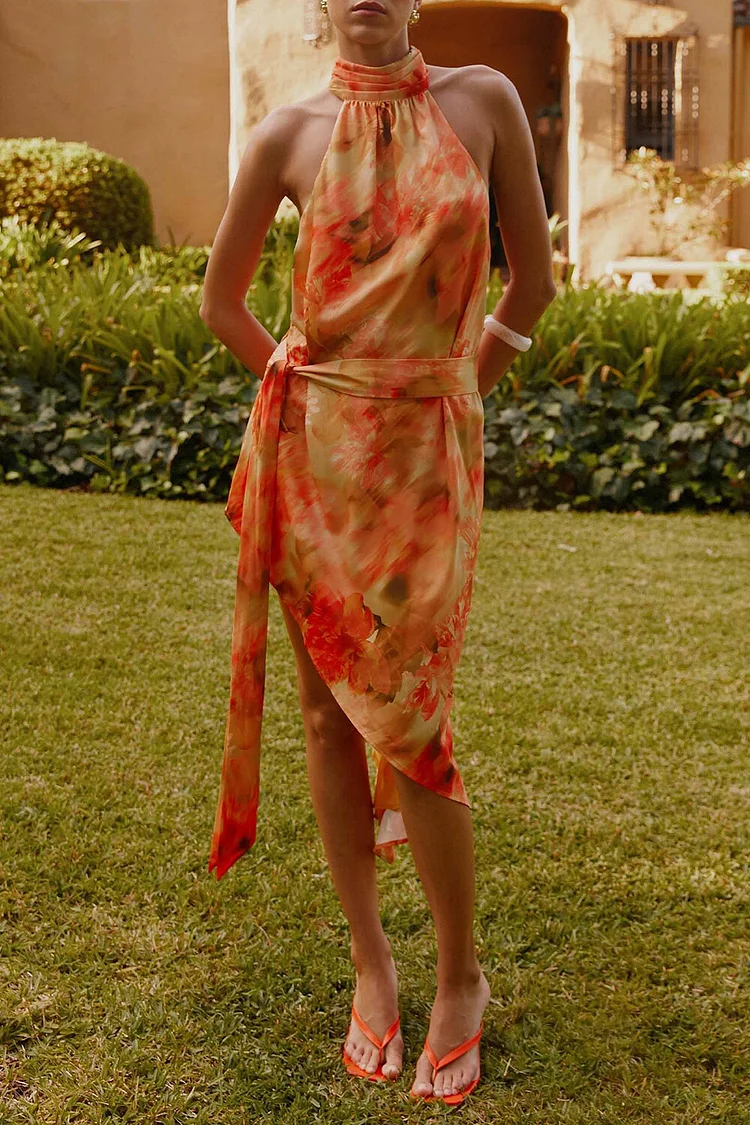 High Neck Halter Floral Print Tie Up Irregular Midi Dresses-Orange [Pre Order]