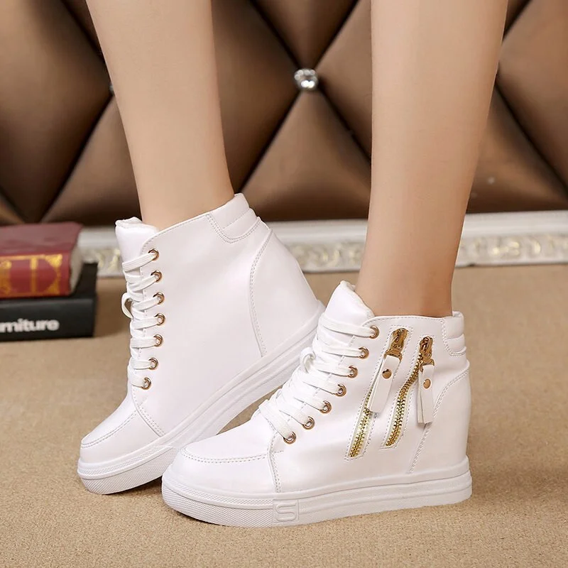 Qengg Women Wedge Sneakers Side Zipper PU Leather Casual Shoes Sequins Thick Bottom White Shoe Women's Internal Heighten Flat Sneaker