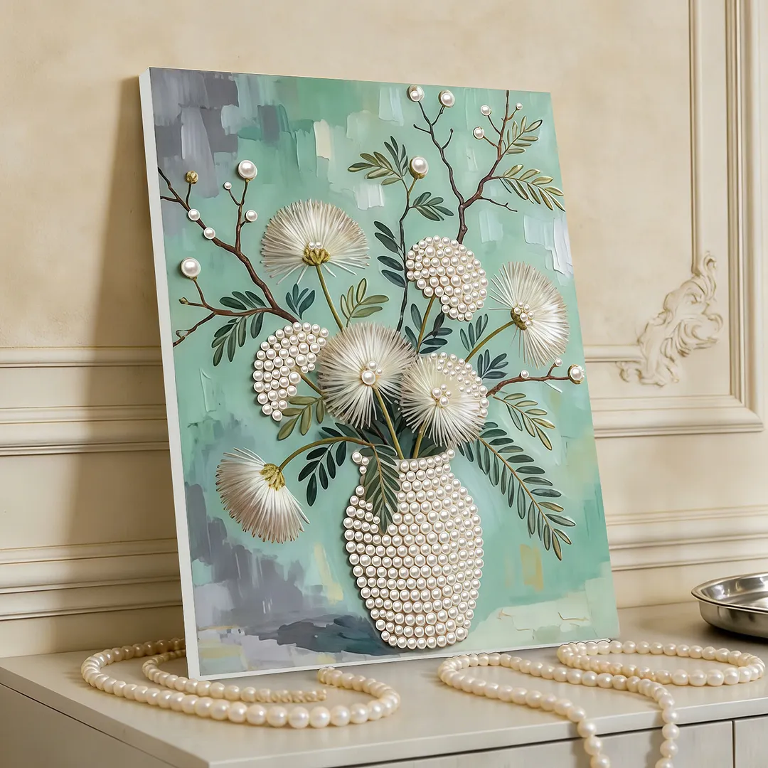 DIY Dandelion Vase Pearl Painting Kit for Adults Beginners Gift Idea Home Wall Decor Pearl Gem Paintings Picture Arts Craft 30x40cm with Frame
