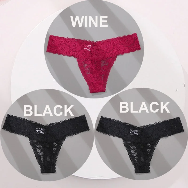 FINETOO 3PCS/Set M-XL G-string Thong Panties for Woman Sexy Lace Floral Underwear Transparent Women's Underpants Female Lingerie