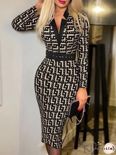 Printed Notched Long Sleeve Wrap Dress