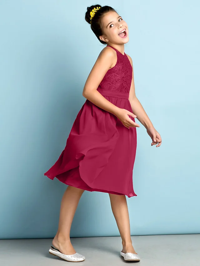 Daisda A-Line Jewel Neck Knee Length  Flower Girl Dress With Lace 