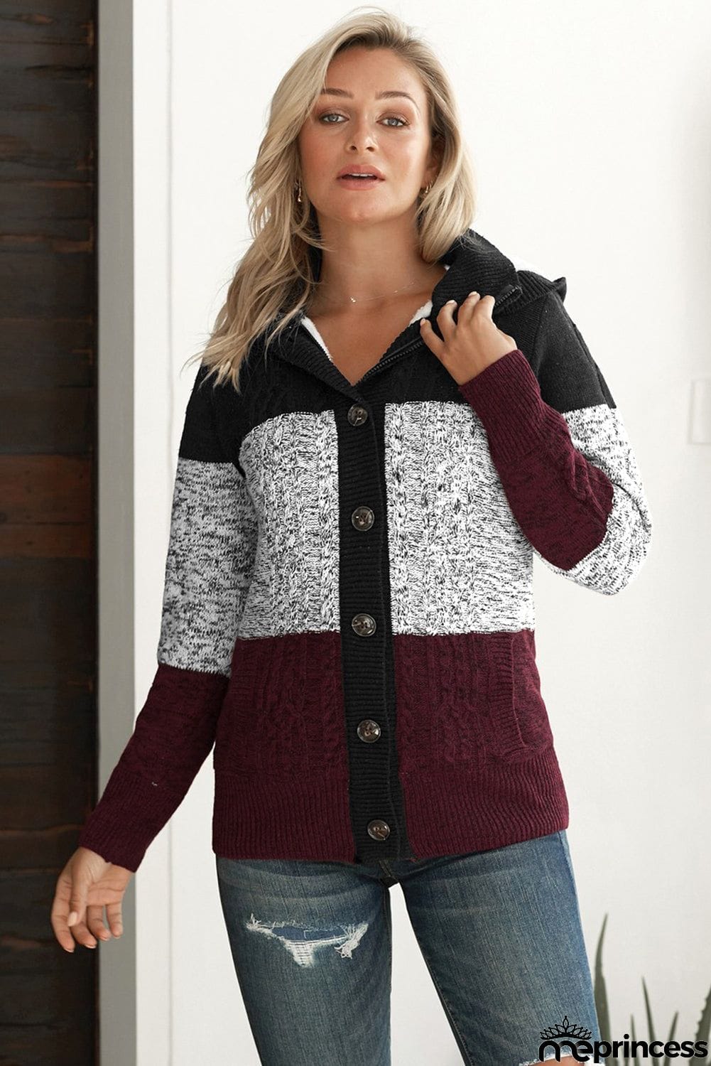 Winter Wine Hooded Button Cable Knit Cardigan