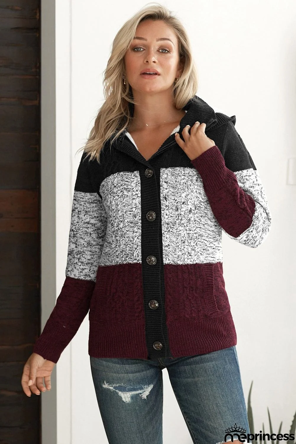 Winter Wine Hooded Button Cable Knit Cardigan