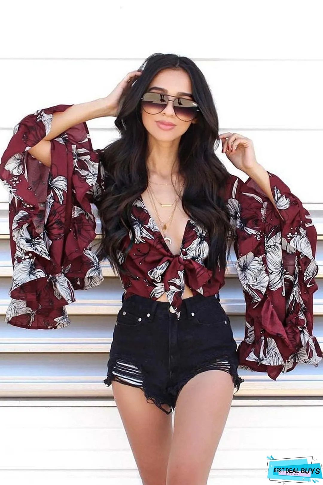 Flared Sleeve Ruffled Irregular V-Neck Top