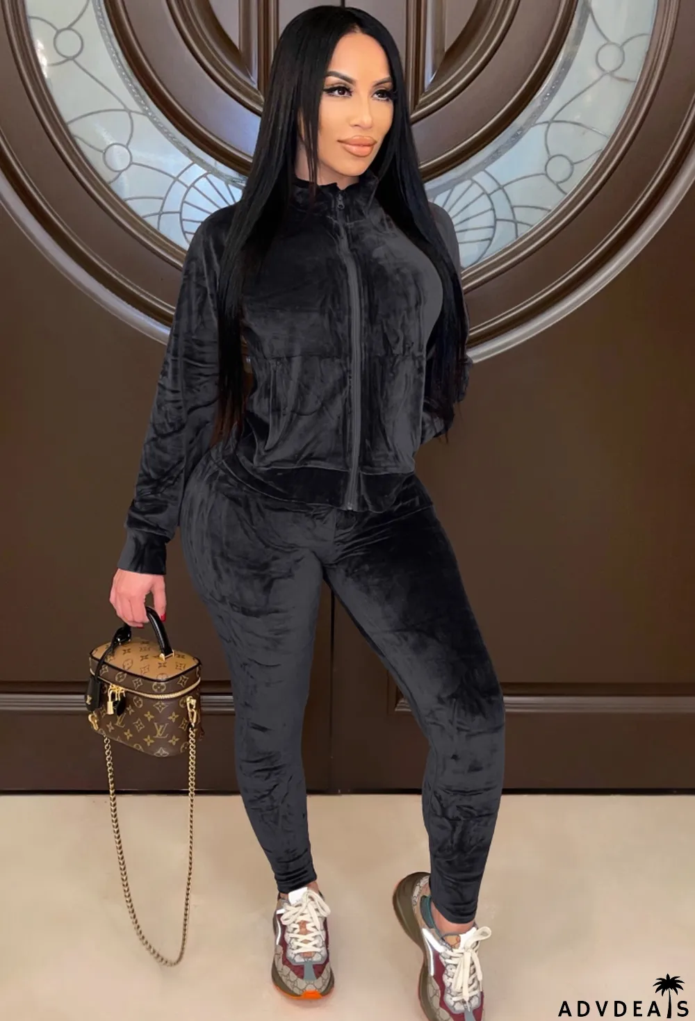 Winter Black Velvet Zipper Two Piece Tracksuit