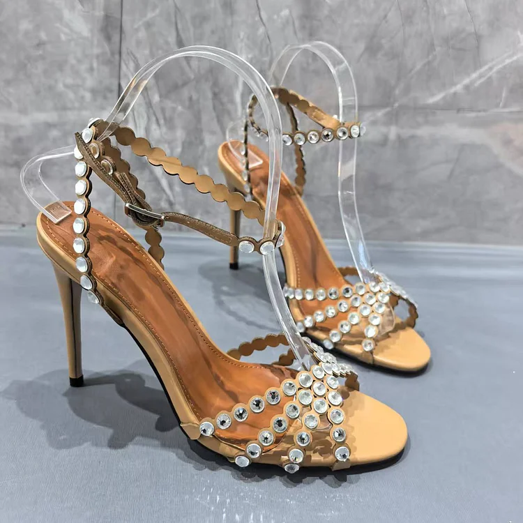 100mm Round Open Toe Ankle Rhinestone Strap High Heel Sandals  VOCOSI VOCOSI