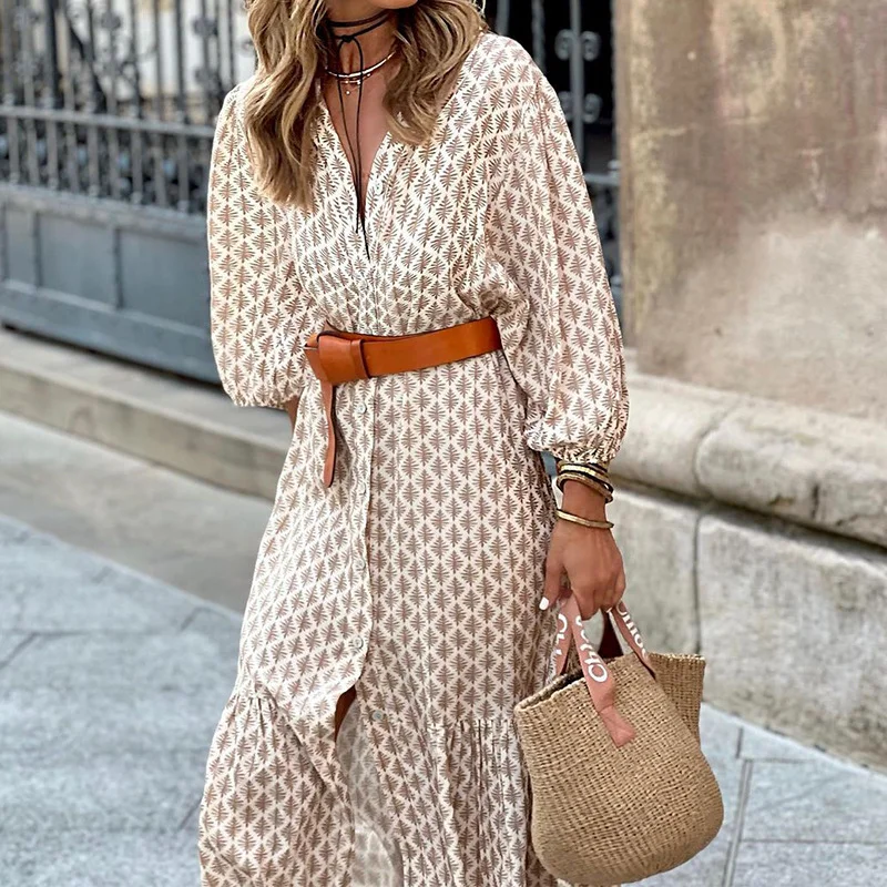Toloer Toloer Spot 2024 Autumn / Winter New Fashion Belt Printing V-Collar Simple Temperament Long Dress-Outfit Ideas