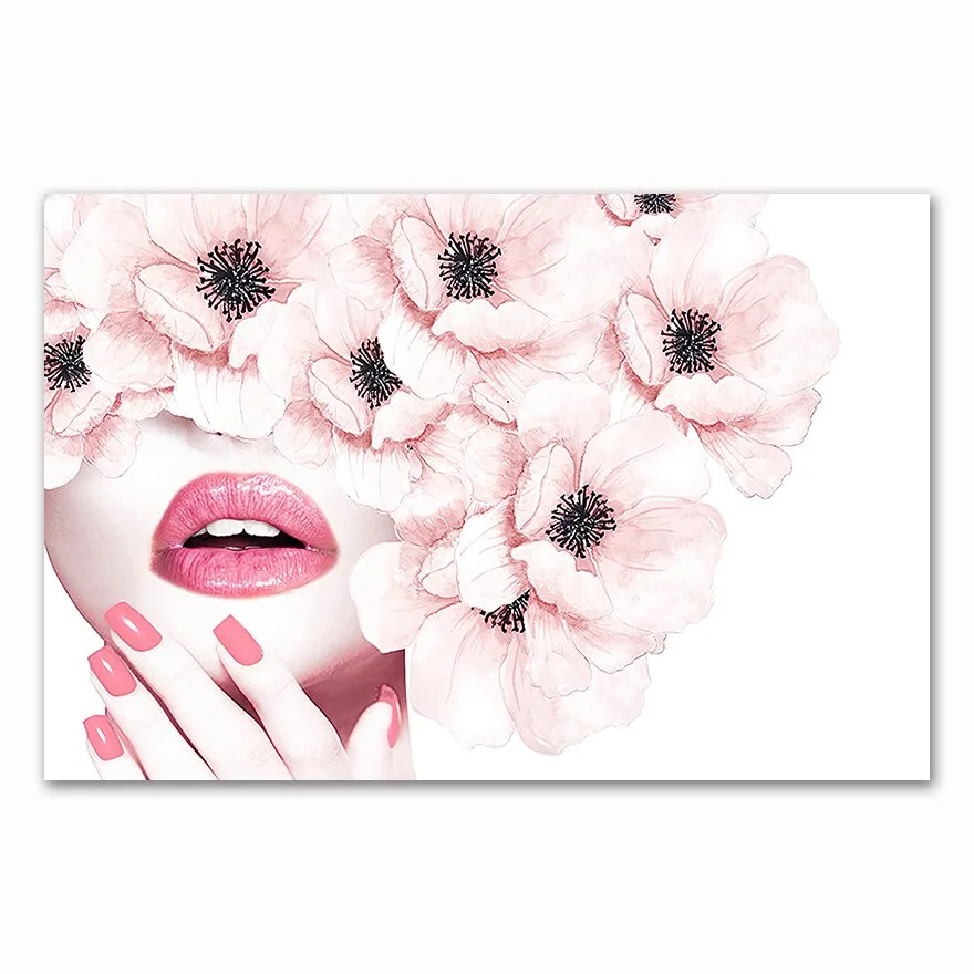 Pink Flower Perfume Fashion Poster Eyelash Lips Makeup Print Canvas Art Painting Wall Picture Modern Girl Room Home Decoration