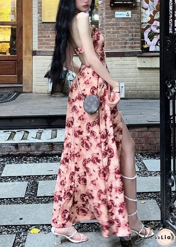Sexy Red Ruffled Lace Up Print Cotton Long Dresses Sleeveless