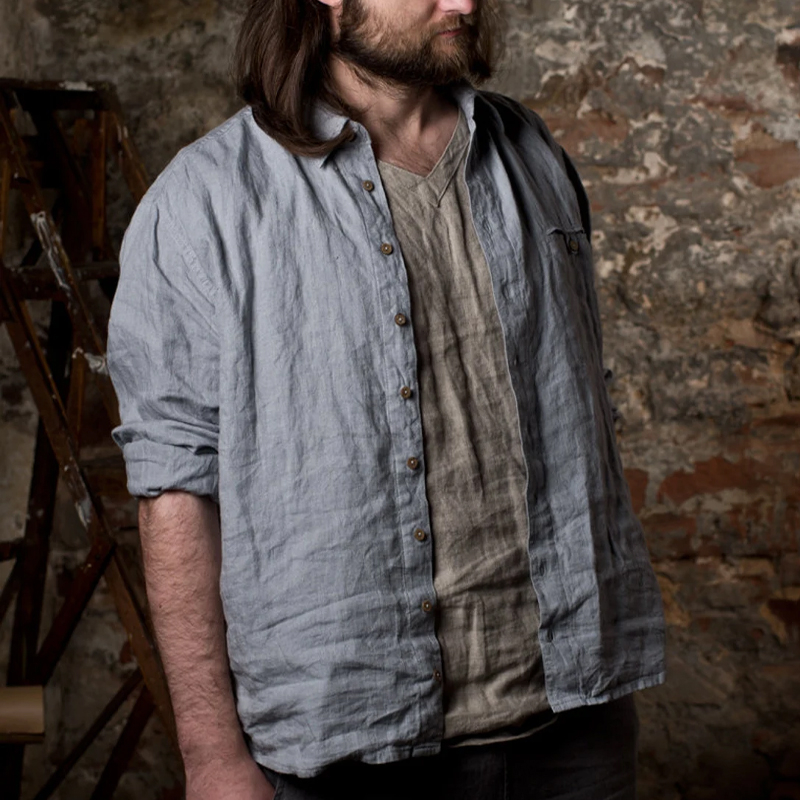 Men's Gray Blue Button Linen Shirt