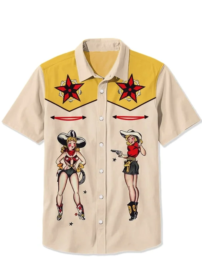 Men's Western Cowgirl Print Casual Shirt