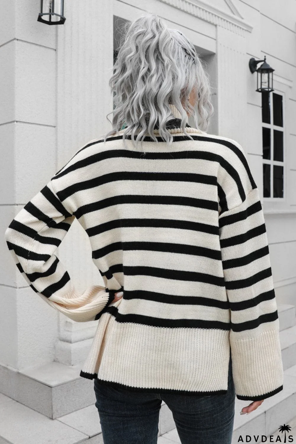 Striped Turtleneck Drop Shoulder Sweater