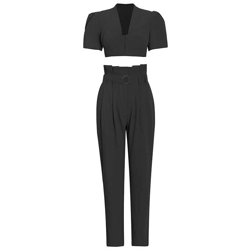 Cartoonh Casual Two Piece Set For Women V Neck Short Sleeve Tops High Waist Sashes Harem Pants Female Sets 2022 Fashion New