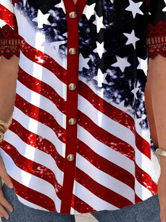 Women Short Sleeve V-neck Striped Star Printed Graphic Lace Hollow Stitching Button Tops