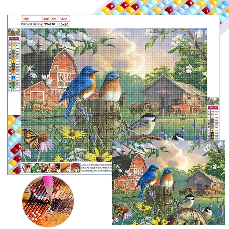 Full Square Diamond Painting - Birds Singing And Flowers Fragrant Blue Bird 40*30CM
