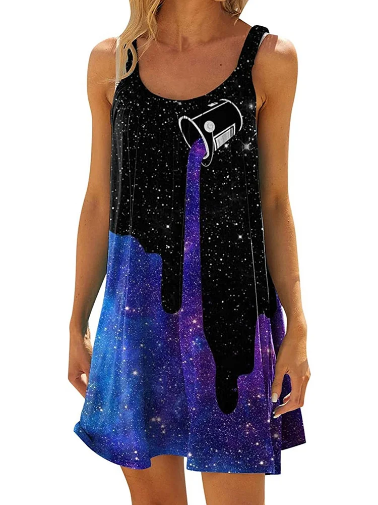 Purple Starry Sky Print Sleeveless Strap Mini Casual Loose Fit Dress