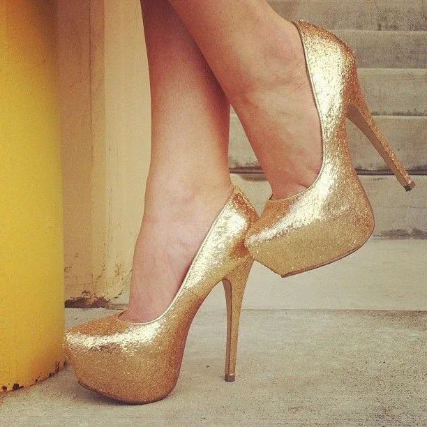 Gold Glitter Platform Stiletto Heels for Evening Parties Vdcoo