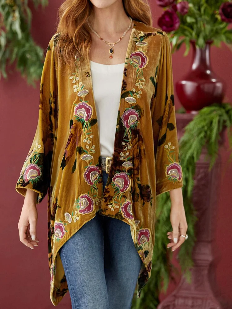 Casual Floral Long Sleeve Dip Hem Velvet Cardigans