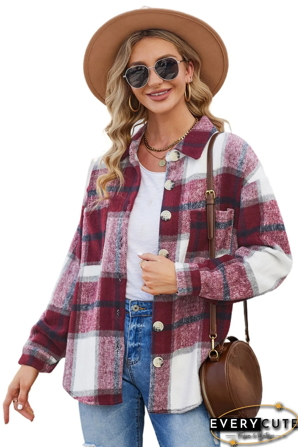 Wine Red Plaid Color Block Buttoned Long Sleeve Jacket with Pocket