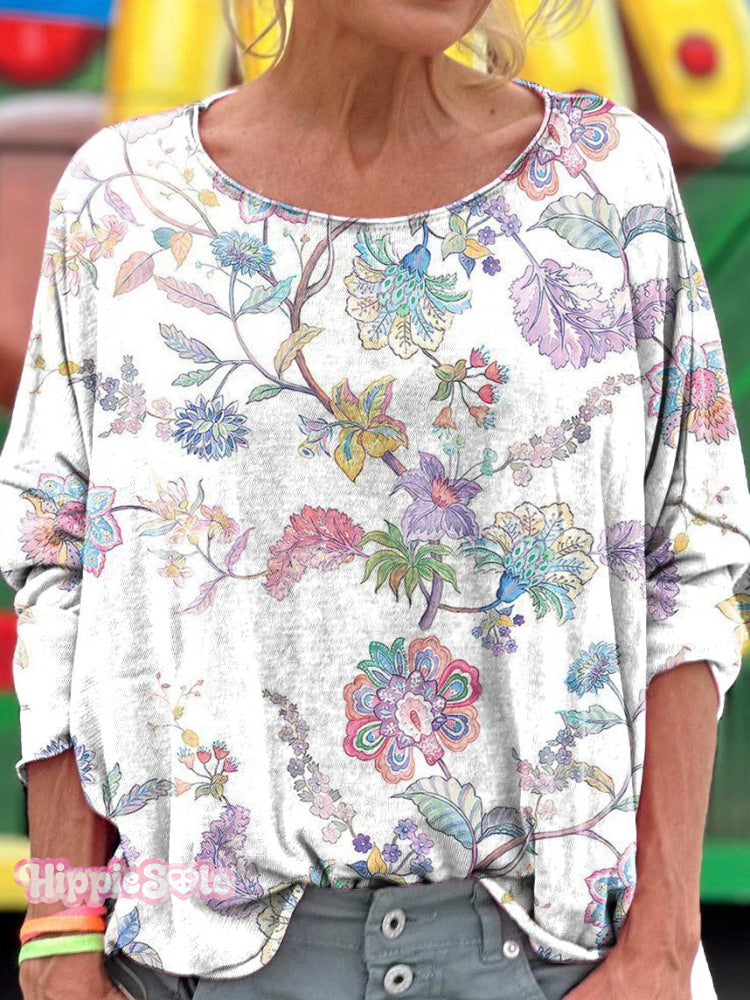 Retro Floral Art Print Casual Long Sleeve T-Shirt White / S
