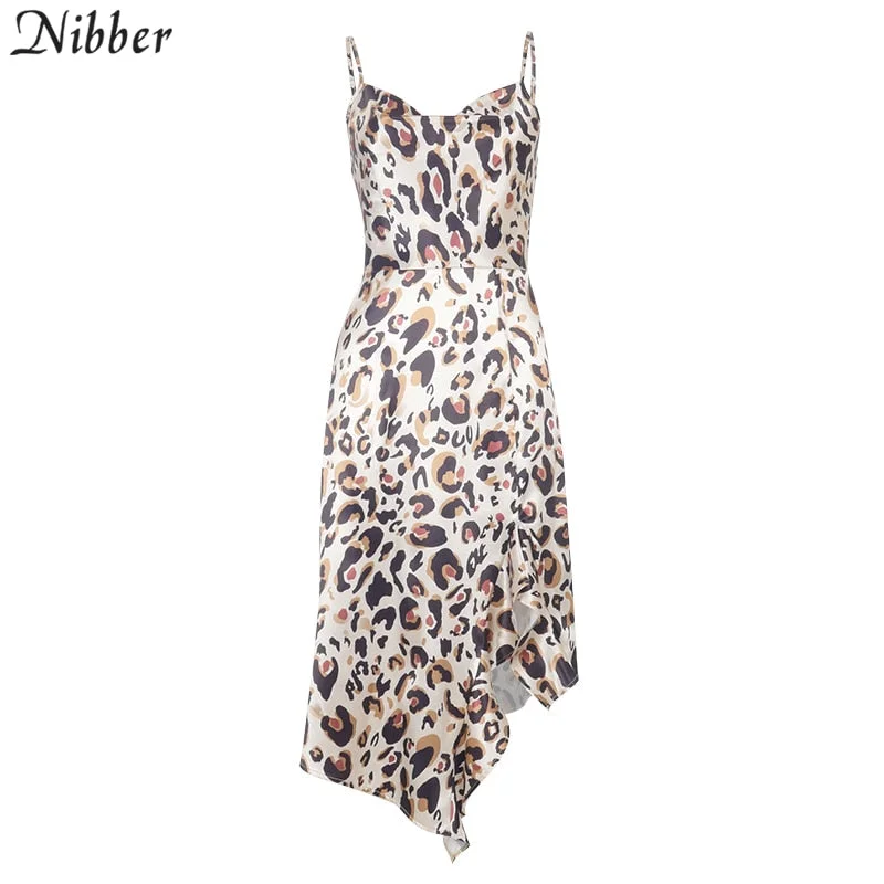 Nibber Leopard Printing Ruffle Irregular Sexy Sling Midi Dress 2021 Spring Autumn Women's Fashion Streetwear Outfits Club Wear
