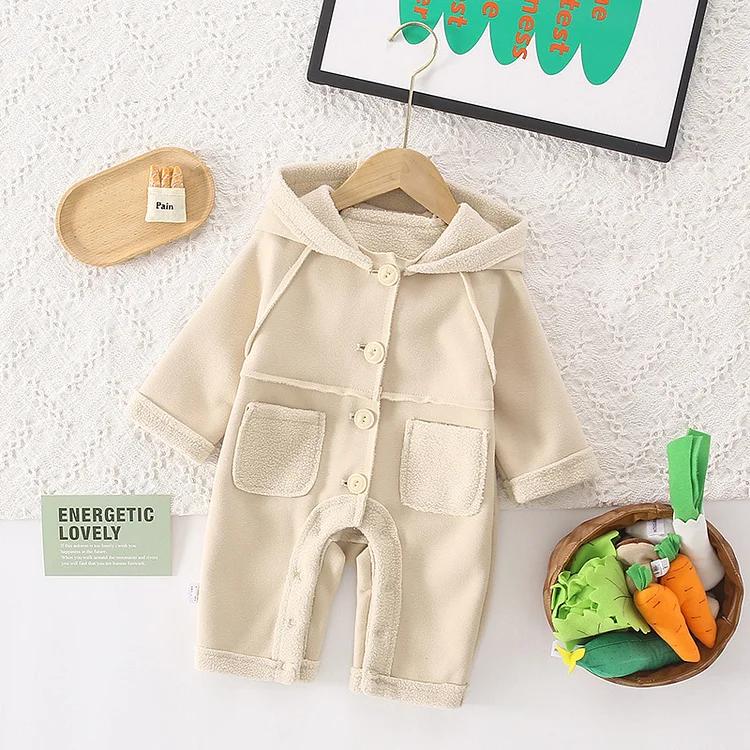 Baby Boy/Girl Solid Color Pocket Long Sleeve Fluff Hooded Romper