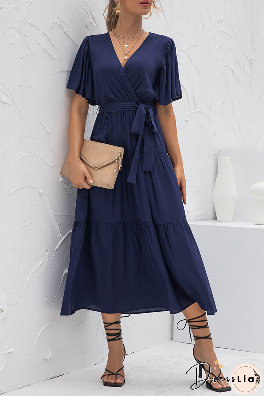 Elegant Solid Split Joint With Belt V Neck Cake Skirt Dresses(4 Colors)