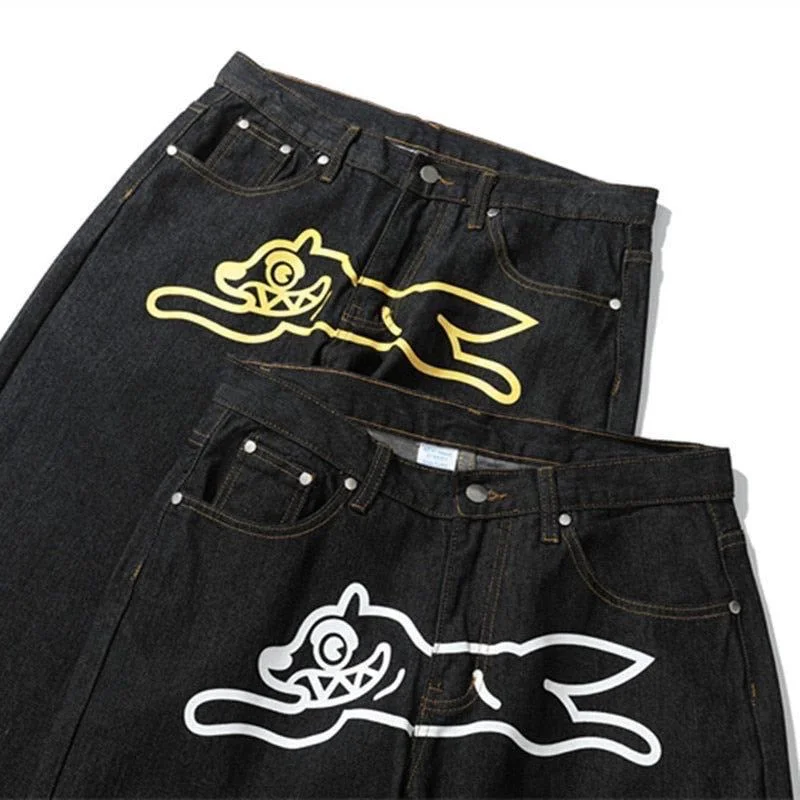 Ueong Sales Hip-Hop Flying Dog Printed Denim Shorts Men's High Street Trend Brand Ins Leisure Five-Cent Pants