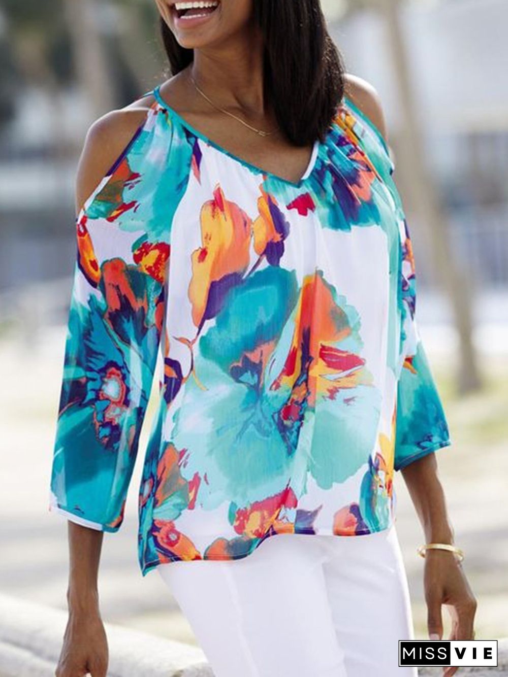 Casual Floral Autumn Polyester No Elasticity Loose Three Quarter Regular A-Line Tops for Women