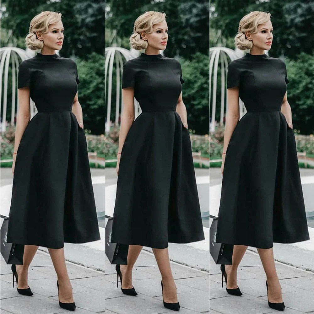 Women Elegant Black Shirt Dress Half High Collar High Waist A-Line Dresses Slim Fit Midi Dress Office Lady Female Solid Vestidos