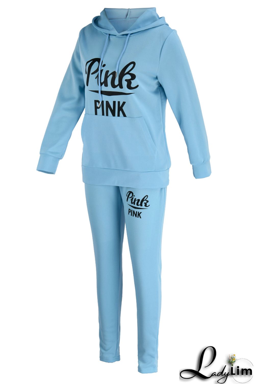 Blue Fashion Casual Letter Print Patchwork Hooded Collar Long Sleeve Two Pieces