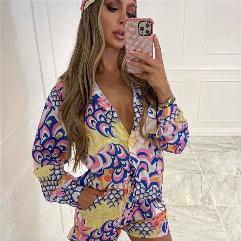PUWD Vintage Woman Pink Loose Print Shirt Suits 2021 Spring Fashion Ladies Beach Suit Female Casual High Waisted Sets