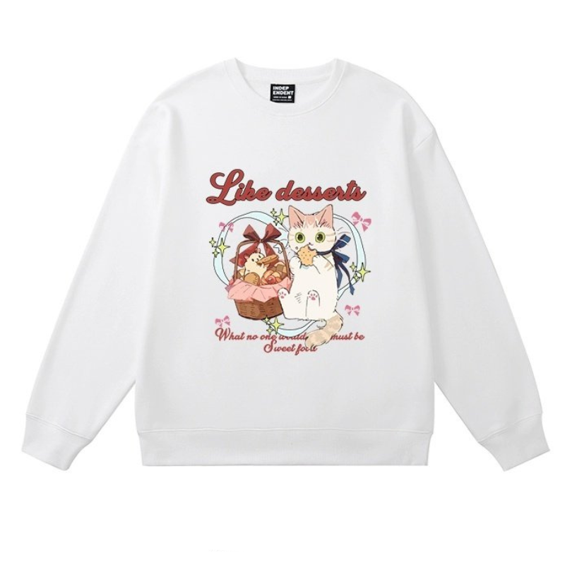 Women Retro Dessert Cat Print Sweatshirt