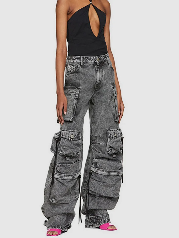 Casual Denim Cargo Pockets Design Wide Leg Jeans