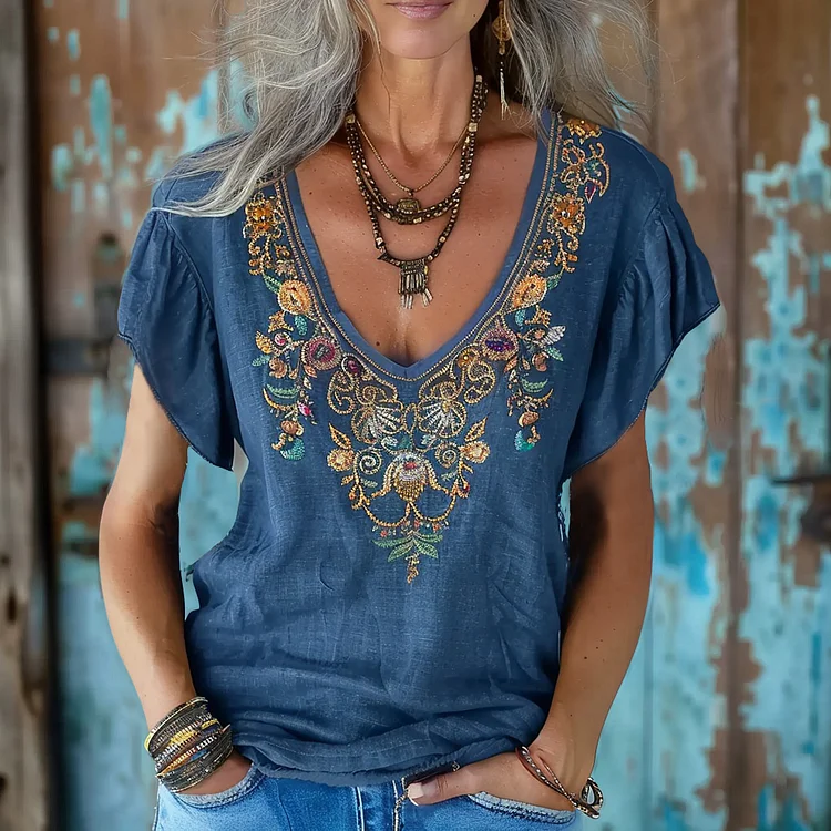 Vintage Bohemian Ethnic Floral Linen Art Print Short Sleeve V-neck Shirt