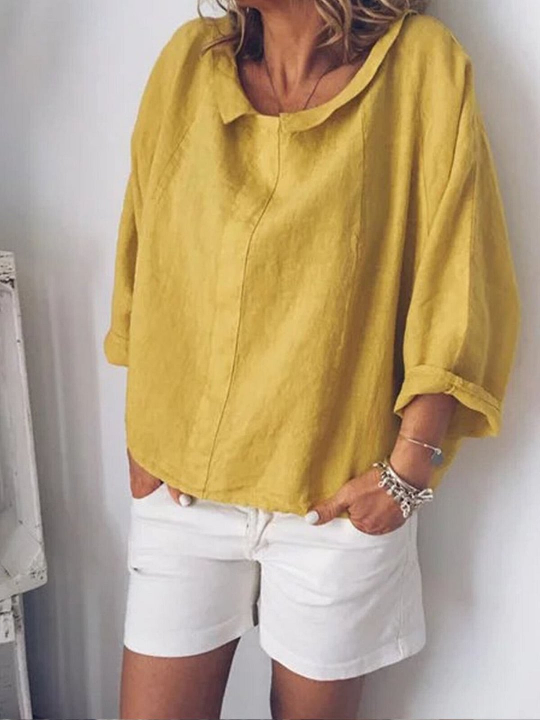 Women's Solid Color Small Lapel Pullover Cotton Linen Tops