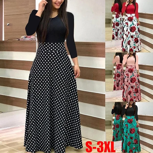Women Fashion Long sleeve Round Neck Print Stitching Dress Boho Casual Tunic Party Long Dress