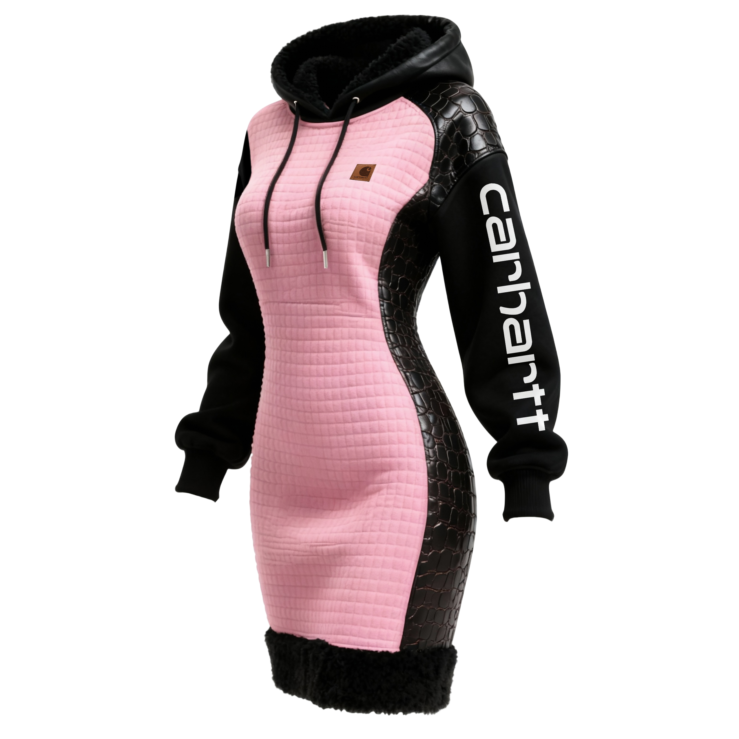 Women's Contrast Color Stitching Suede Lambswool Lapel Hooded Long Sweatshirt