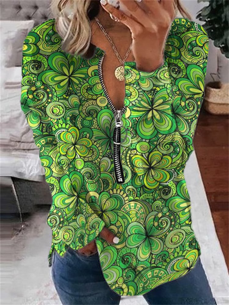 St. Patrick's Day Shamrock Mandala Art Zip Up Sweatshirt