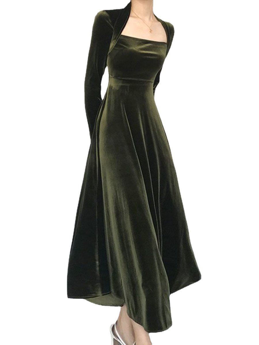 Green Velvet Dresses Slash Neck Long Sleeve High Waist Maxi Dress