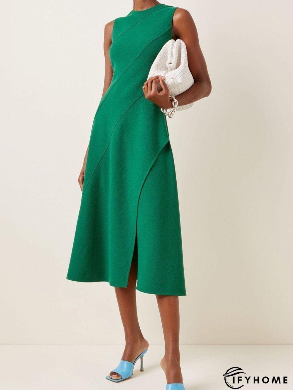 Work Sleeveless Crew Neck Plain  A-Line Midi Dress | IFYHOME