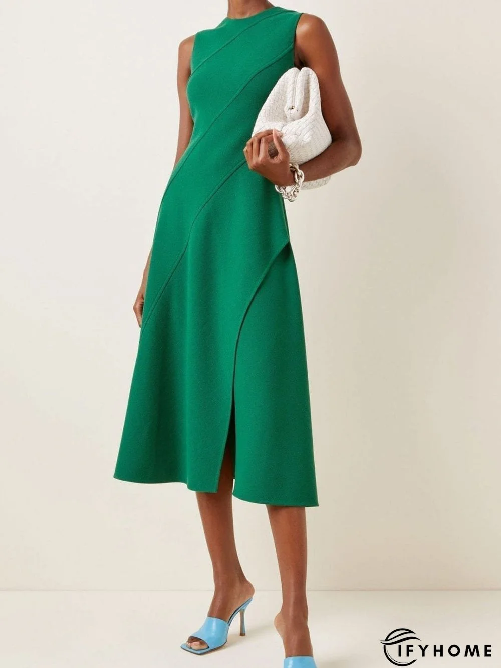 Work Sleeveless Crew Neck Plain  A-Line Midi Dress | IFYHOME