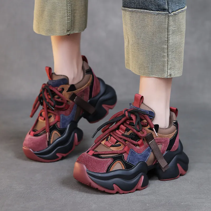 Yyvonne Old Dad Shoes Tide Spring And Summer Thick-Soled Shoes Small Retro Leather Leather Match Sports Casual Shoes