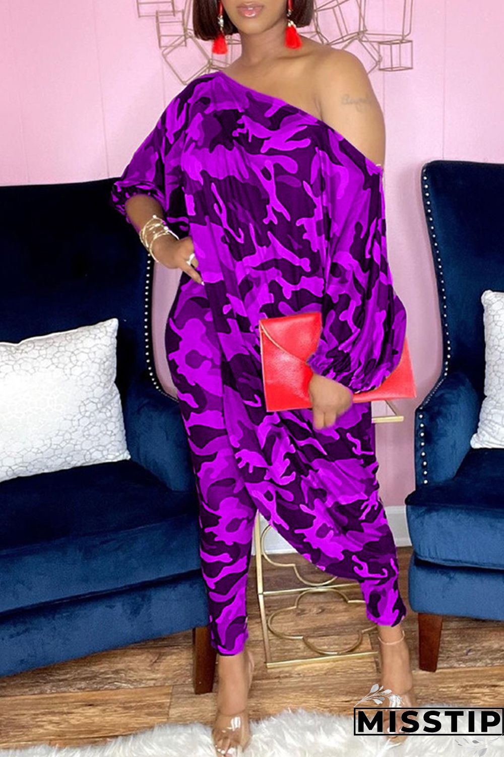 Camouflage Fashion Casual Print Asymmetrical Oblique Collar Three Quarter Two Pieces