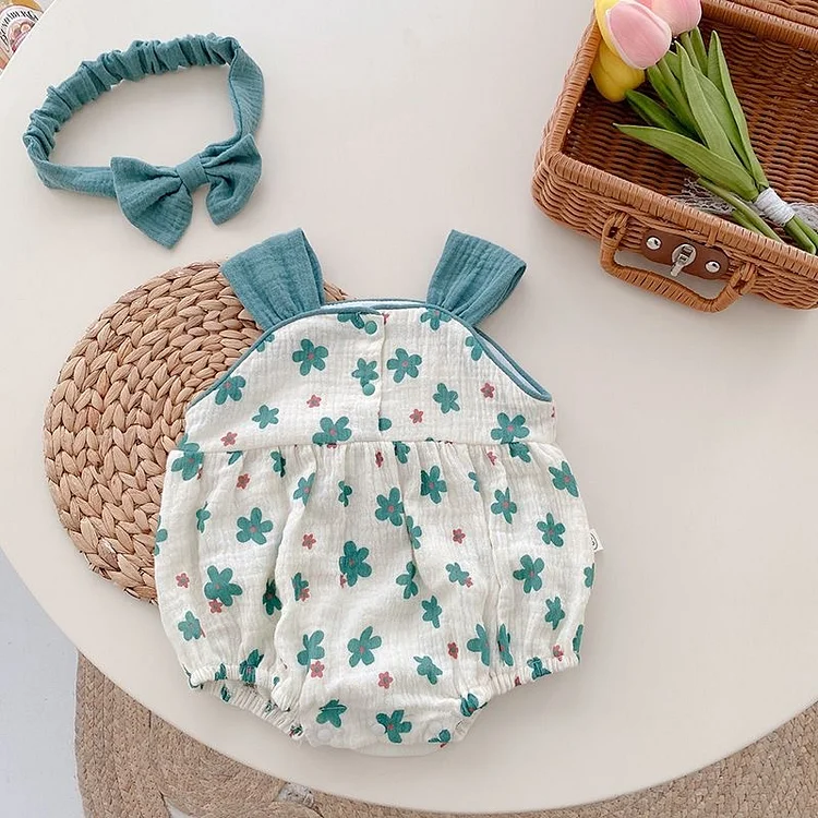 Newborn Baby Girl Chiffon Allover Floral Print Thin Contrast Strap Sleeveless Sling Summer Sweet Bodysuit