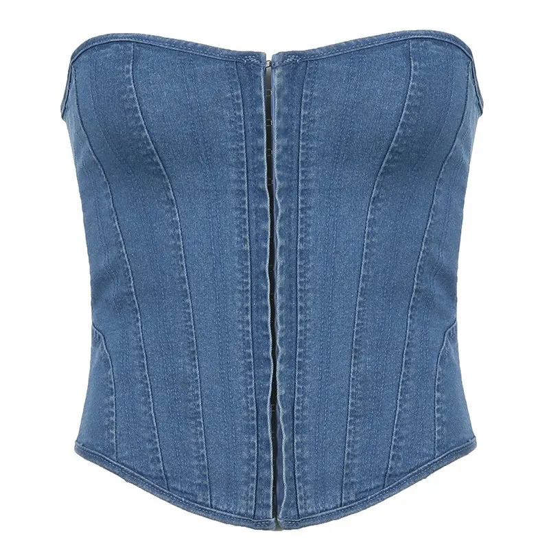 Churchf Churchf Spring / Summer 2023 Women's Wave Collar Fishbone Slim Strap Solid Color Denim Strapless Vest