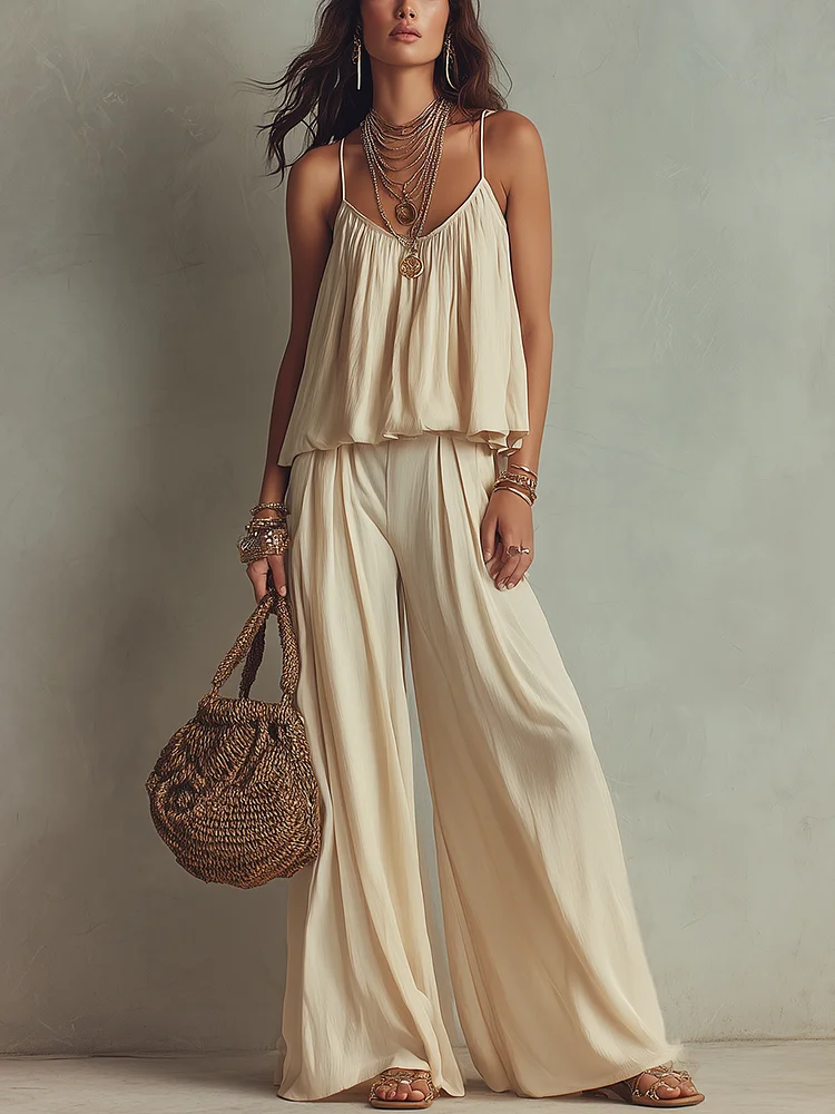 Boho Off White Flowing Top Flowy Wide Leg Pants Set