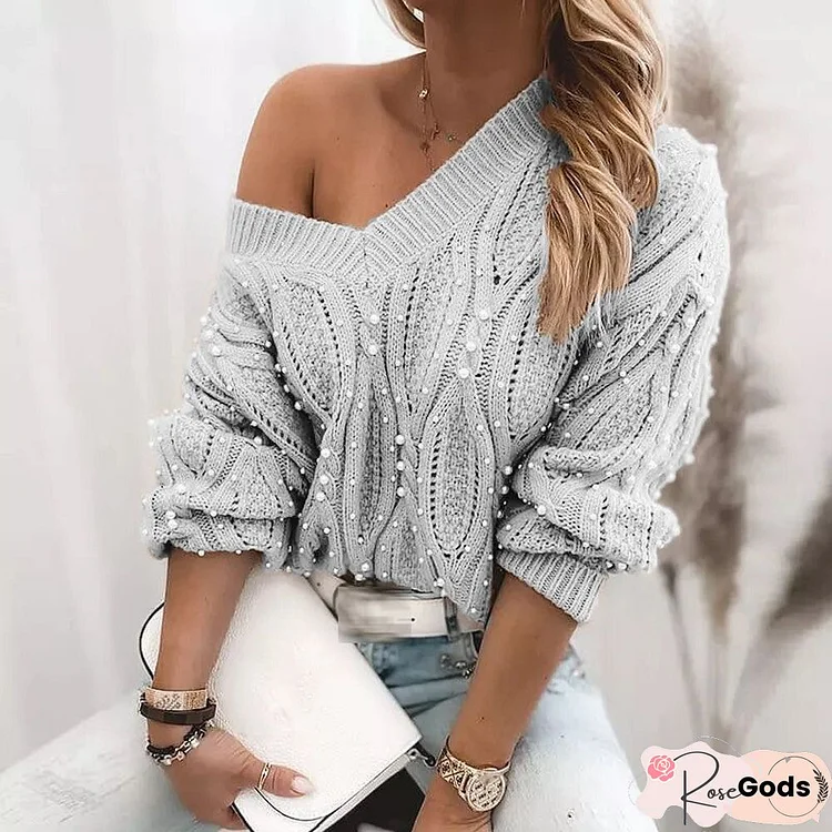 Autumn Long Sleeve V-Neck Knitted Pullover Sweater Women Fashion Solid Beaded Twist Sweater Lady Casual Loose Commuter Sweaters